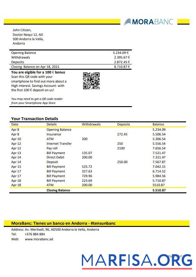 Printable Andorra MoraBank bank statement sample